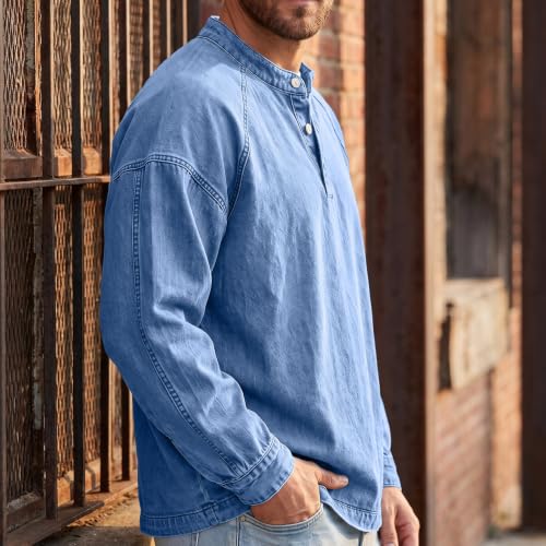 Men's Denim Shirt Washed Vintage Pullover Henley Shirt Denim Blouse - image 3