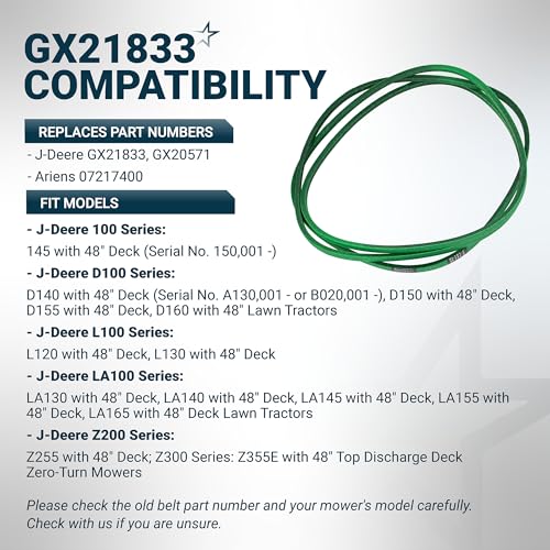 Image of [Upgraded Grip120] BlueStars GX21833 Mower Deck Belt 1 /2 inch x 141.7 inch | Fits 48 inch Deck JDeere 145 D140 D150 D155 D160 L120 L130 LA130 LA140 LA145 LA155 LA165 Z200 Z255 Z300 Z355E GX20571 Aramid Cord