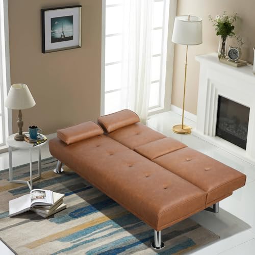 Yaheetech 3er-Sofa Schlafsofa Couch mit Tassenhalter Gästebett, Rückenlehne neigbar 105°/140°/180°, 167 x 81,5 x 75 cm, 350 KG belastbar, braun Kunstleder – Bild 5