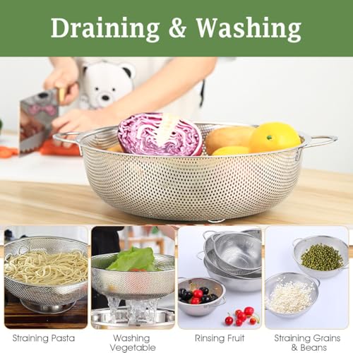 Set of 3 Stainless Steel Colander, 1/3/5Quart, 16/22/25cm Metal Sink Colander Strainer with Handle, Perforated Strainer for itchen/Draining Pasta/Rinsing Vegetables Fruits, Heavy Duty - Image 6