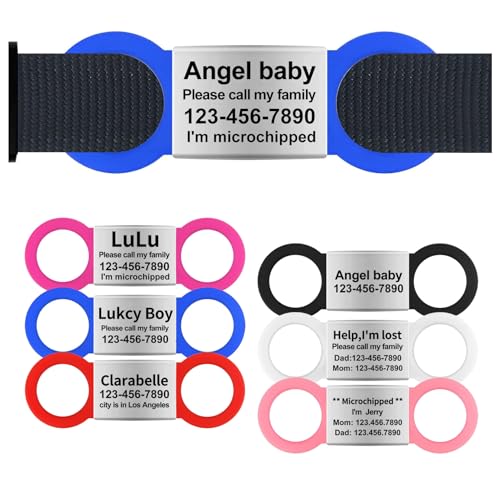 Silent Slide On Dog Cat ID Tags, Personalized Laser Engraved On Collar, Elastic Silicone Band and Stainless Steel Name Plate (Blue, Large)