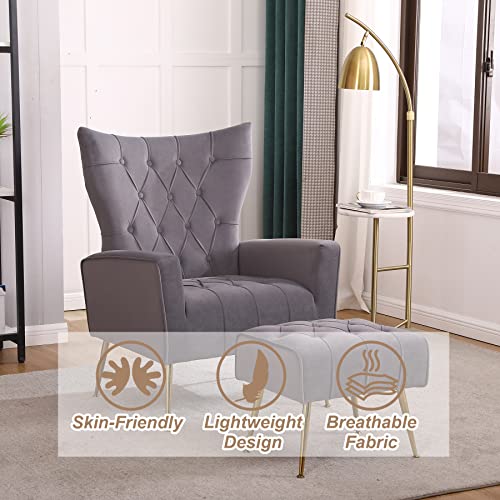 Sillón con otomana terciopelo gris miniatura 6