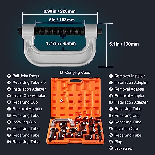 VEVOR Traggelenk Kugelgelenk Presse Set 25-teiliges Werkzeugset C-Press Kugelgelenk Abzieher und Installieren von Werkzeugen, für die meisten 2WD und 4WD Autos, Robustes Kugelgelenk-Reparaturset