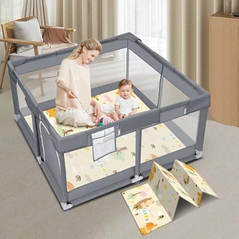 Baby Playpen with Mat, 50x50 inch Playpen for Babies and Toddlers with Mat, Baby Playard Safety Fence Active Center for Indoor Cover
