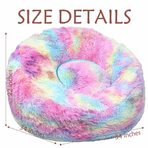 Image of Plush Faux Fur Bean Bag Chairs, Memory Foam Filled Sofa Chair Shape Bean Bag for Adults /Teens /Kids, Ultra-Soft Lazy Sofa for Living Room Bedroom College Dorm, Rainbow