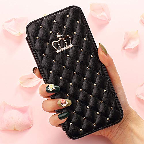LCHULLE for Samsung Galaxy S20 FE 4G/S20 FE 5G Wallet Case Premium PU Leather With Luxury Imperial Crown Pattern Folio Flip Case Bling Diamond Card Slots Kickstand Soft TPU Cover For Girl Women, Black