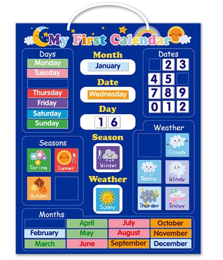 Adena Montessori Kid First Daily Learning Magnetic Calendar,Children Fun Educational Tool for Time Seasons,Preschool Classroom Calendar for Wall,Weather Chart for Toddler,40x32 cm Easy Hang Loop(Blue)