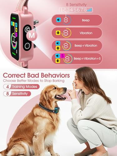 Image of DINJOO Bark Collar for Large Medium Small Dogs - Smart AI 1S Stop Barking, Anti Barking Device & Dog Training Collar with Beep, Vibration & 8-Level Sensitivity, IP67 Waterproof - Pastel Pink