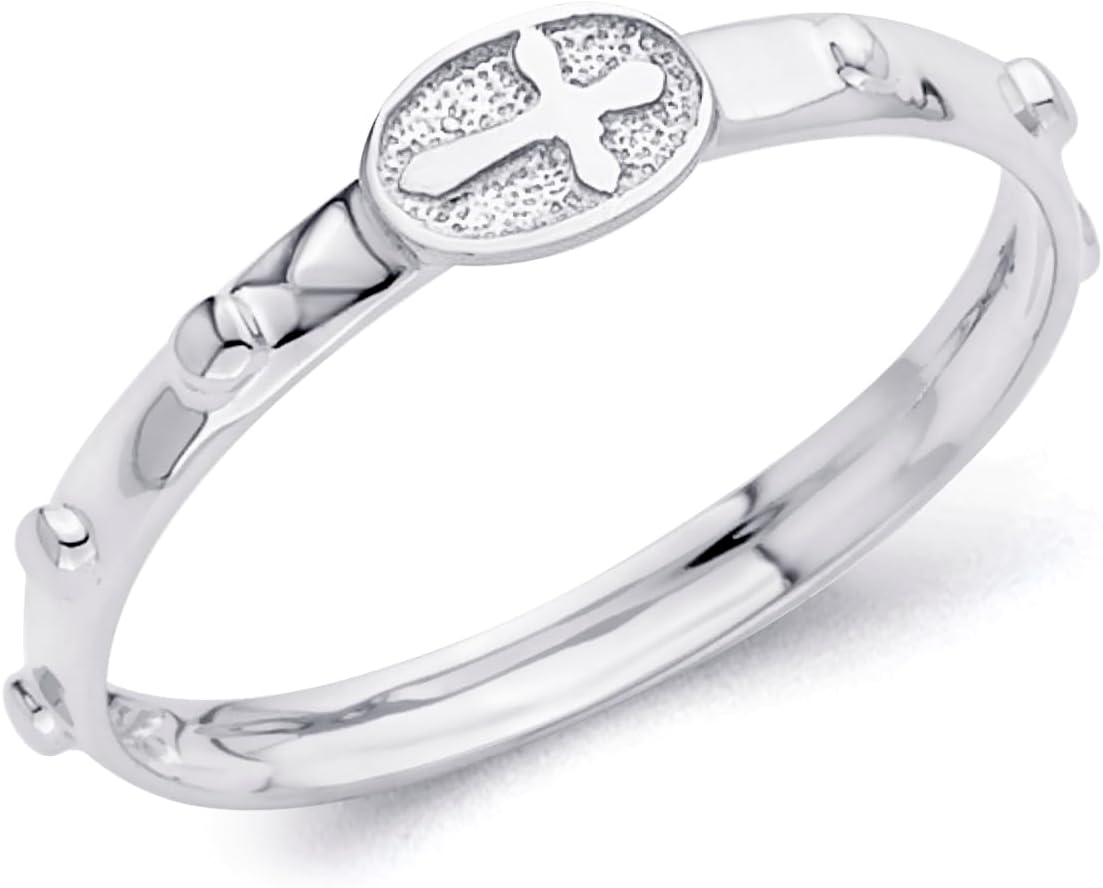 14k White Gold 2mm Religious Rosary/Rosario Eternity Band - Size 9