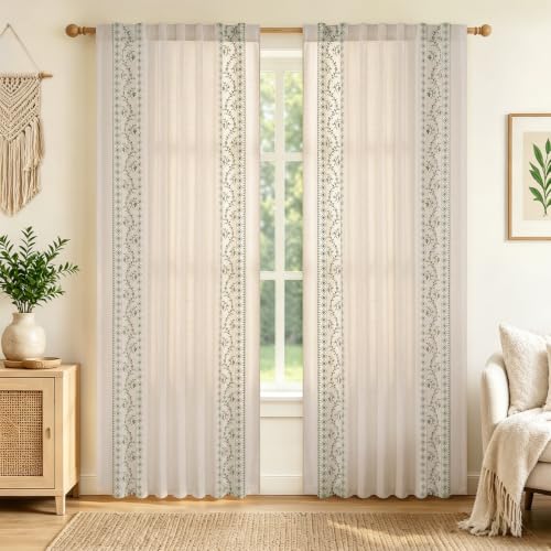 Image of Yinhua Boho Curtains for Living Room 84 Inch Long Sage Green Embroidered Floral Bedroom Curtains, Farmhouse Light Filtering Window Curtain Rod Pocket & Back Tab Drapes, 52 inch W x 84 inch L, 2 Panels