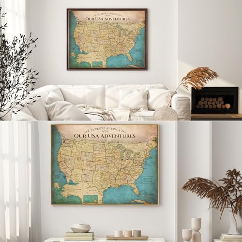 Image of DECORARTS - Oversized Personalized Push Pin Travel Map USA, Custom Name, Pin Board Canvas Wall Art, Antique Old United States Decor, Optional Wood Frame, Giclee Print, Handcrafted in USA, 40x30''