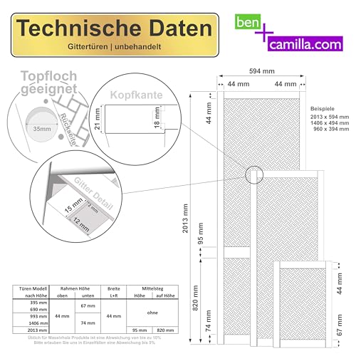 ben+camilla.com Gittertür 99,3 x 59,4 cm | Hochwertige Kiefer Massivholztüren - unbehandelt für Schrank- & Möbelbau oder Heizungsverkleidung