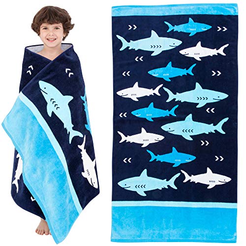 Yayme! Lightweight Blue Shark Beach Towel for Boys - Kids Bath Towel for Boys - Fun Beach Towels for Kids Perfect for The Beach and Swimming Pool - Kids Beach Towels - Use as Childrens Beach Blanket
