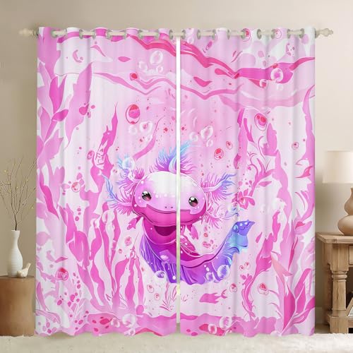 Loussiesd Cortina opaca con diseño de ajolote rosa 30%-50% de oscurecimiento de 46 x 72 pulgadas de largo, cortinas de salamandra de dibujos animados para dormitorio, sala de estar, mujeres y hombres,