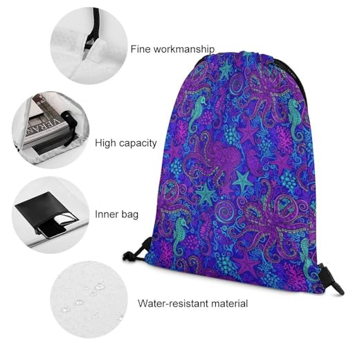 Image of Travel Drawstring Backpack Theft Proof Cinch Sack Water Resistant Sackpack for Camping Hiking Outdoor Sports, Trippy Octopus Art Blue Bags