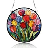 Colorful Tulips Stained Glass Window Ornaments, Gift for Mom, Painted Suncatchers, Patio Decor, Outdoor Garden Decor, Balcony Decor, Home Decor, 7.8 inch