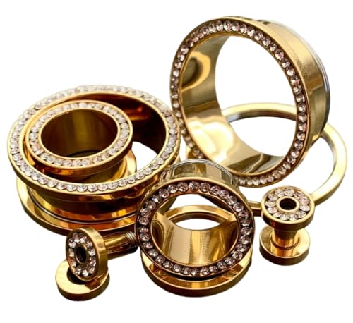 Lobal Domination PAIR of CZ Gem Rimmed Gold Ion Plated Tunnels Plugs Pierced Earlets Gauges (00g (10mm)) Lobal Domination PAIR of CZ Gem Rimmed Gold Ion Plated Tunnels Plugs Pierced Earlets Gauges (00g (10mm))