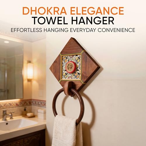 Image of Aakriti Art Creations Art Fusion Wooden Towel Holder | Dhokra Elegance Towel Hanger | Brass & Wooden Handcrafted Towel Holder | Matte Finish Brown Wall Mounted
