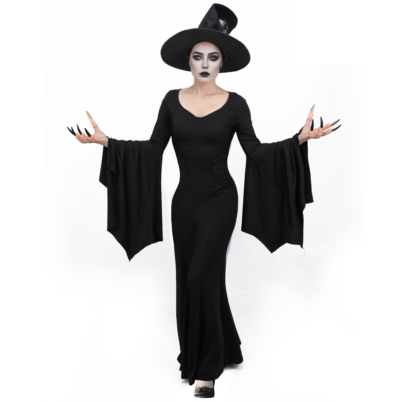 Adult Witch Costume, 3PCS Ladies Black Witch Dress Gothic Outfits with Hat  Nails Props, Halloween Party Fancy Dress Up (3 PCS, Small) - BigaMart