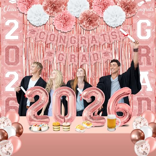 Image of Graduation Party Decorations Class of 2026, Graduation Decorations with Congrats Grad Banner Fringe Foil Curtain Paper Flower Ball Balloons for High School College Graduation Party Supplies, Pink