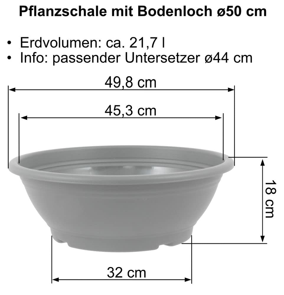 MePla Pflanzschale mit Bodenloch ø50 cm, Anthrazit, wetterfest aus UV-beständigem Kunststoff