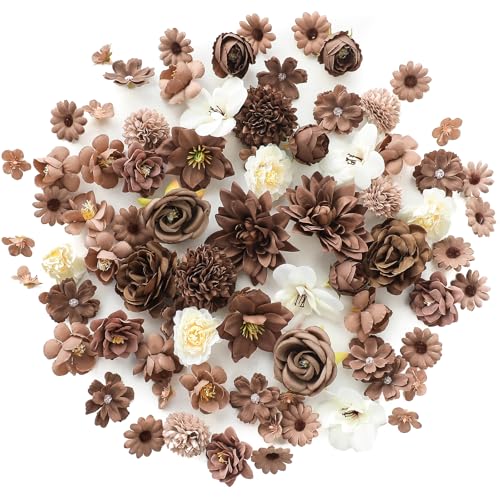 Floroom Mini Artificial Flower Heads Brown & Taupe Fake Peony Daisy Rose Multicolor Small Faux Silk Flower Heads for Cake Craft Garland Wedding Party Graduation Cap DIY Home Decoration 0.8-3.6