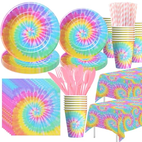 Xenorik Tie Dye Party Decorations Tableware - Pastel Tie Dye Birthday Party Supplies Plate Cup Napkin Tablecloth Cutlery Girls Tie Dye 1st 2nd 3rd Birthday Baby Shower Decorations Serve 24