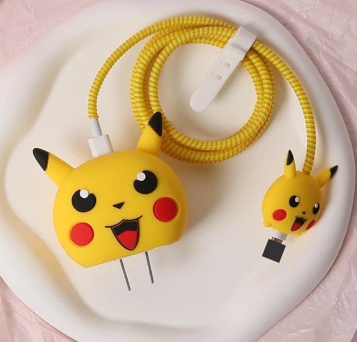 Image of Meyaar Silicone Protective Case for Apple 20W & 18W iPhone USB-C Power Adapter Charger and for USB Lightning Cable, 3D Cartoon Case for iPhone Charger 18W /20W Only (Pika.chuu (Yellow))
