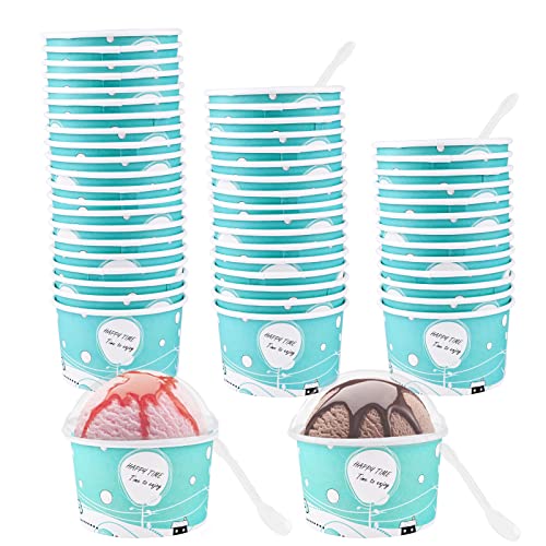 Lot de 50 gobelets à glace jetables en papier 200 mlCoupes Dessert en Carton avec couvercle et cuillère pour dessert, glace, yaourt, entrées, Snacks fournitures de fête Blue