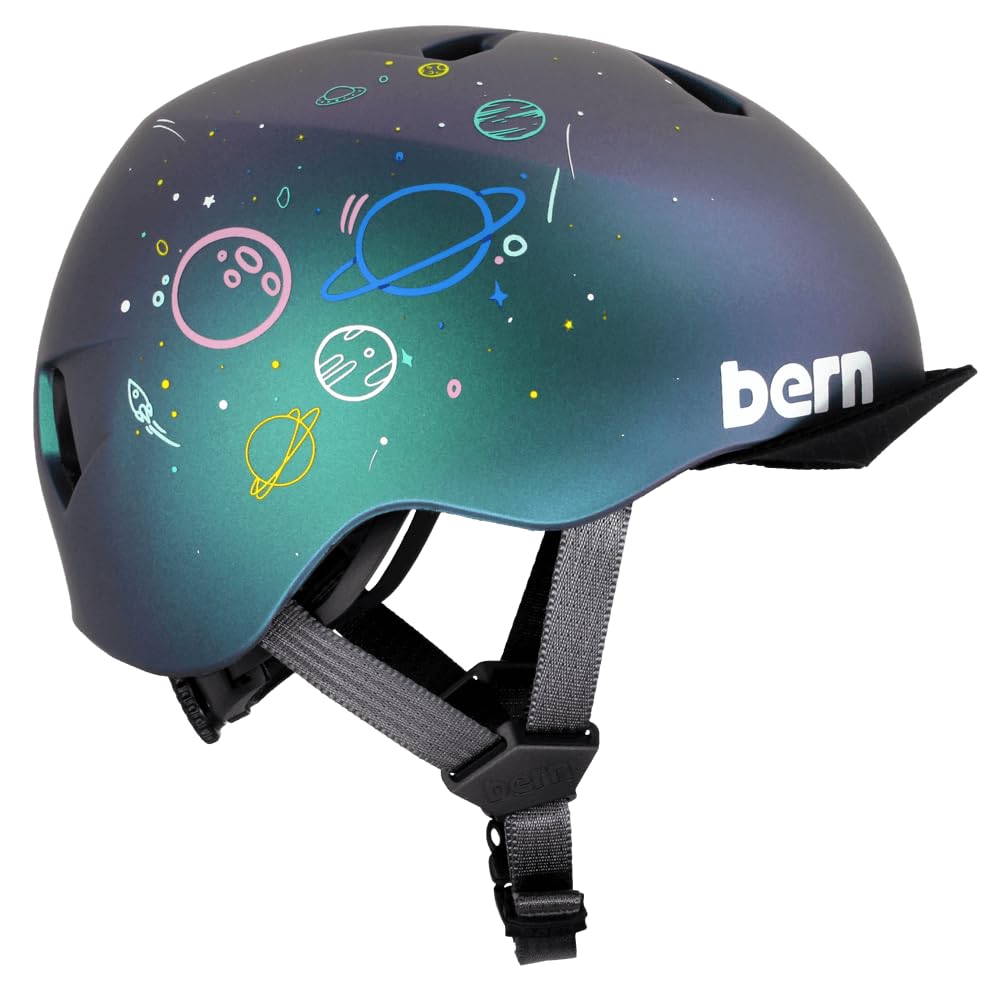 Bern Nino - Casco de bicicleta para niños de 3 a 12 años, visera abatible, ajuste ajustable, ligero, certificado de seguridad CPSC, salpicaduras espaciales metálicas, talla S/M