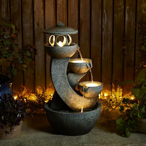 Image of Glitzhome Pagoda Outdoor Water Fountain with LED Light, 4-Tier Oversized Cascading Stacked Stone Waterfall Fountains, Natural Stone Look Outdoor Fountain for Garden Patio Porch, 32 inchH