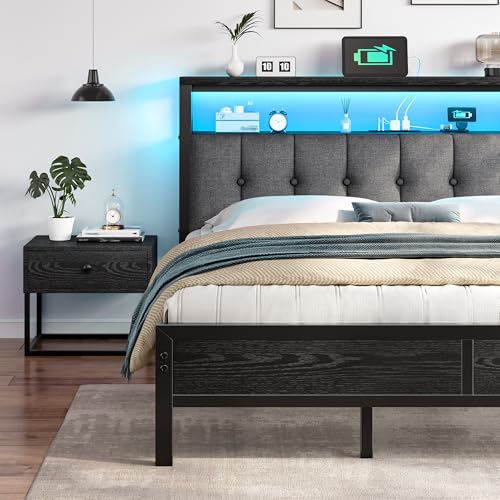 Image of Homkdom Queen Bed Frame with Charging Station and 12 inch Under-Bed Storage | 2AC Outlets&1USB-C&1USB-A,LED Linghts,Upholstered Storage Headboard,Noise-Free,No-Sliding,Supports up to 1000 lbs,Black