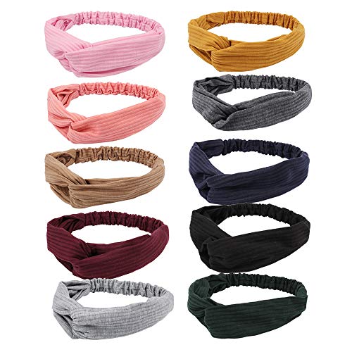 VELSCRUN 10 Pcs Women Headbands Turban Headwraps Head Bands Women Hair Vintage Twisted Criss Cross Elastic Headwrap Hair Accessories for Yoga Workout , Solid Color