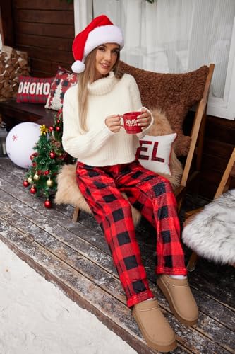 Women's Christmas Fleece Winter Warm Elastic Waist Funny Holiday Xmas Lady Pants Buffalo Plaid with Pocket M4