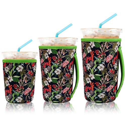 Image of KJQJLY 3 Pack Reusable Iced Coffee Sleeves for Iced Coffee Cups or Drinks Reusable Neoprene Insulated Sleeves for Hot and Cold Drinks from Starbucks, Dunkin, And More (Leaves and grass)