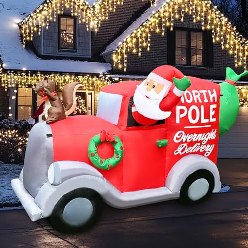 Christmas Inflatable 6FT Santa Claus Outdoor Decorations Blow Up Gift Truck with Presents & Squirrel...