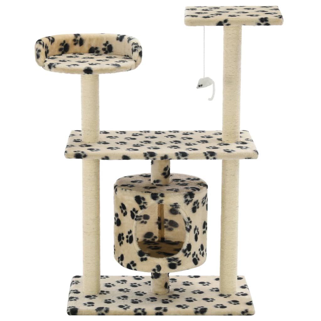 Katzenkratzbaum mit Sisal-Kratzsäulen, 95 cm hoher Kletterbaum für Katzen, Stabiler Katzenbaum mit Katzenhaus, Aussichtsplattformen und Spielzeug, Beige mit Pfoten-Muster