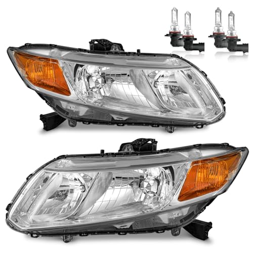 ROADEAL Headlights W/Bulbs for 2012-2015 Honda Civic 4Dr Sedan for 2012 2013 Honda Civic 2Dr Coupe Headlamp Replacement Driver & Passenger Side