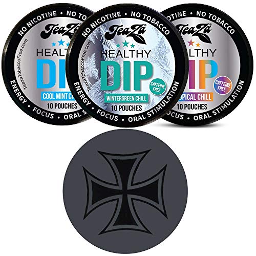 TeaZa Herbal Energy Pouch Wintergreen Chill, Cool Mint, Tropical Chill 3 Can Variety Pack with DC Crafts Nation Skin Can Cover - Iron Cross