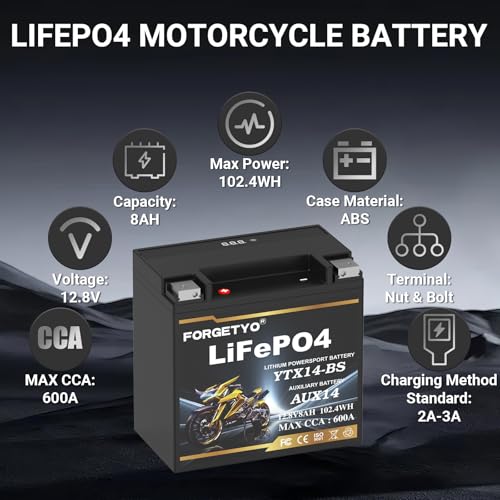 Image of Lithium Motorcycle Battery, Forgetyo YTX14-BS 12.8V 8AH 600A LiFePO4 AUX14 Auxiliary Batteries, ATV UTV Jet Ski Snowmobile Battery