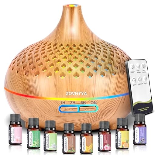 ZOVHYYA Difusor de Aromaterapia 500ML con 14 Colores LED Máquina de Aroma Humidificador con Control Remoto Temporizador 4 Niveles 2 Modos de Niebla y 8 Aceites Esenciales