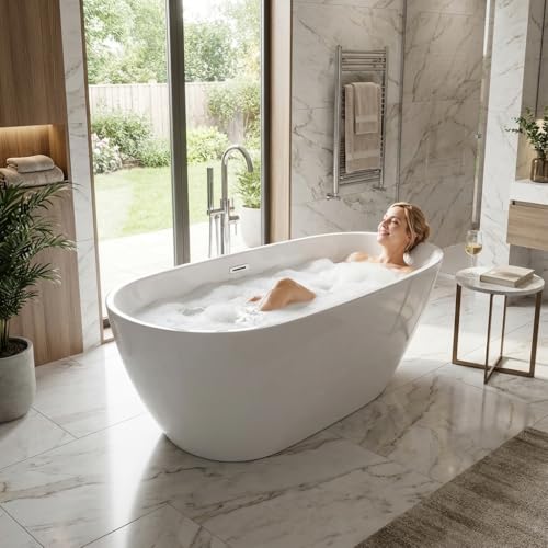 Image of 67 Inch Acrylic Freestanding Bathtub, Deep White Oval Pearl-Shape Soaking Tub, Modern Stand Alone Bathtub with Non-Slip Base, Chrome Overflow & Pop-Up Drain, Easy Assembly for Bathroom, Home, Spa