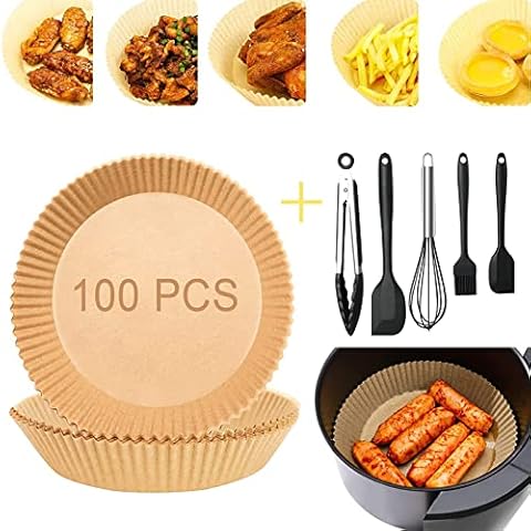 MINSIR Air Fryer Liners 100 PCS Air Fryer Disposable Paper Liner with 5 Accessories, 8 inch Non-Stick Waterproof Oilproof Baking Parchments Paper for Air Fryer, Baking, Cooking, Microwave Oven Cover