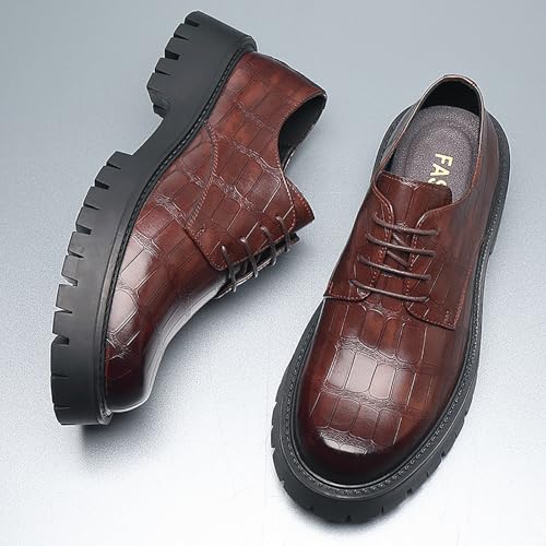 Image of Men's Printed Leather Platform Oxford Dress Shoes Classic Lace Up Anti-Slip Lug Sole Block Heel Formal Oxfords for Wedding Office Business