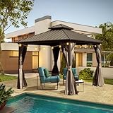 Domi 8' x 8' Hardtop Gazebo Permanent Metal Gazebo with Galvanized Steel Double Roof, Curtains and Netting for Party, Wedding, Outdoor Dining, Patio, Backyard, Brown