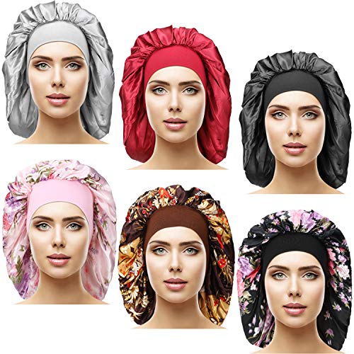 6 Pieces Satin Sleep Bonnet Cap Elastic Wide Band Night Hat Silky Sleeping Hair Cover for Sleeping (Silver, Black, Wine Red, Black Flower, Pink Flower, Brown Flower, 42 cm)