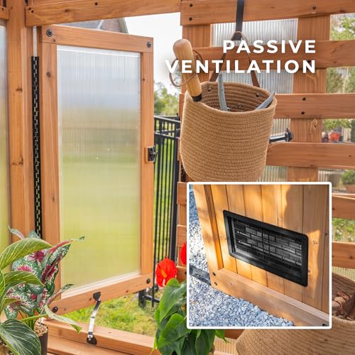 Image of Backyard Discovery Bellerose 11' x 7' Cedar Wood and Polycarbonate Walk-In Greenhouse Kit with Pergola, Exhaust Fan, Windows, Hose Hook-Ups, PowerPort, Staging Shelves for Year-Round Outdoor Gardening
