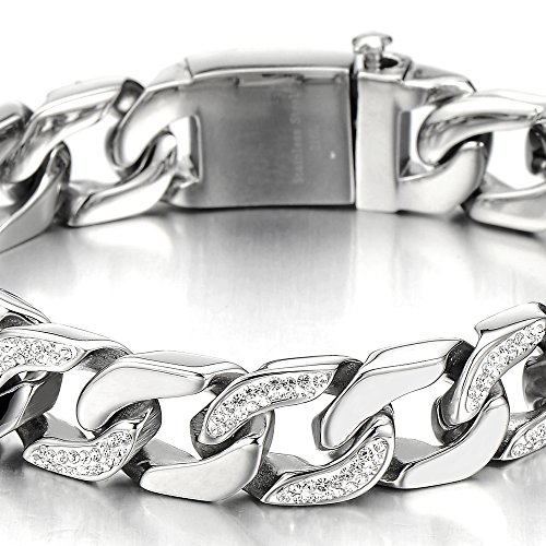 COOLSTEELANDBEYOND Men's Stainless Steel Curb Chain Bracelet High Polished with Cubic Zirconia3