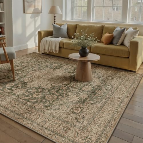 5x7 Washable Green Vintage Area Rug for Living Room Bedroom Traditional Low Pile Soft Carpet Non-Slip Thin Retro Distressed Accent Throw Rug for Dining Room Office Dorm Kitchen Indoor