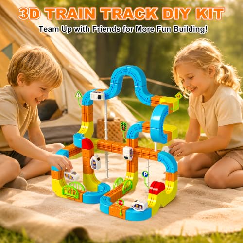 Image of Electric klick Rail Infinity 3D Train Set, Building Stem Toys for Boys Girls, Flexible Race Car Track with Cube & Motorized Train, Gravity-Defying 3D Layout Building Kit, 167 Pcs